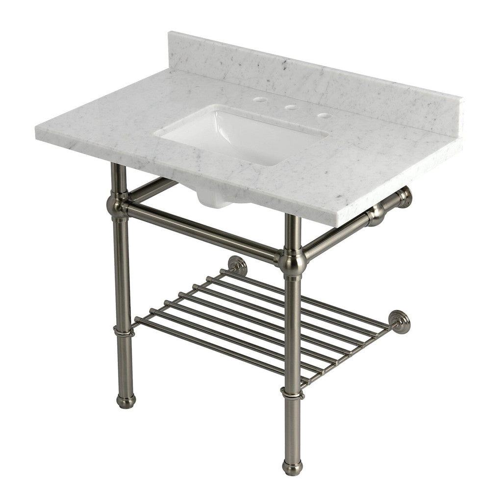 Templeton 36-Inch Carrara Marble Console Sink with Brass Legs and Shelf (8-Inch, 3-Hole)