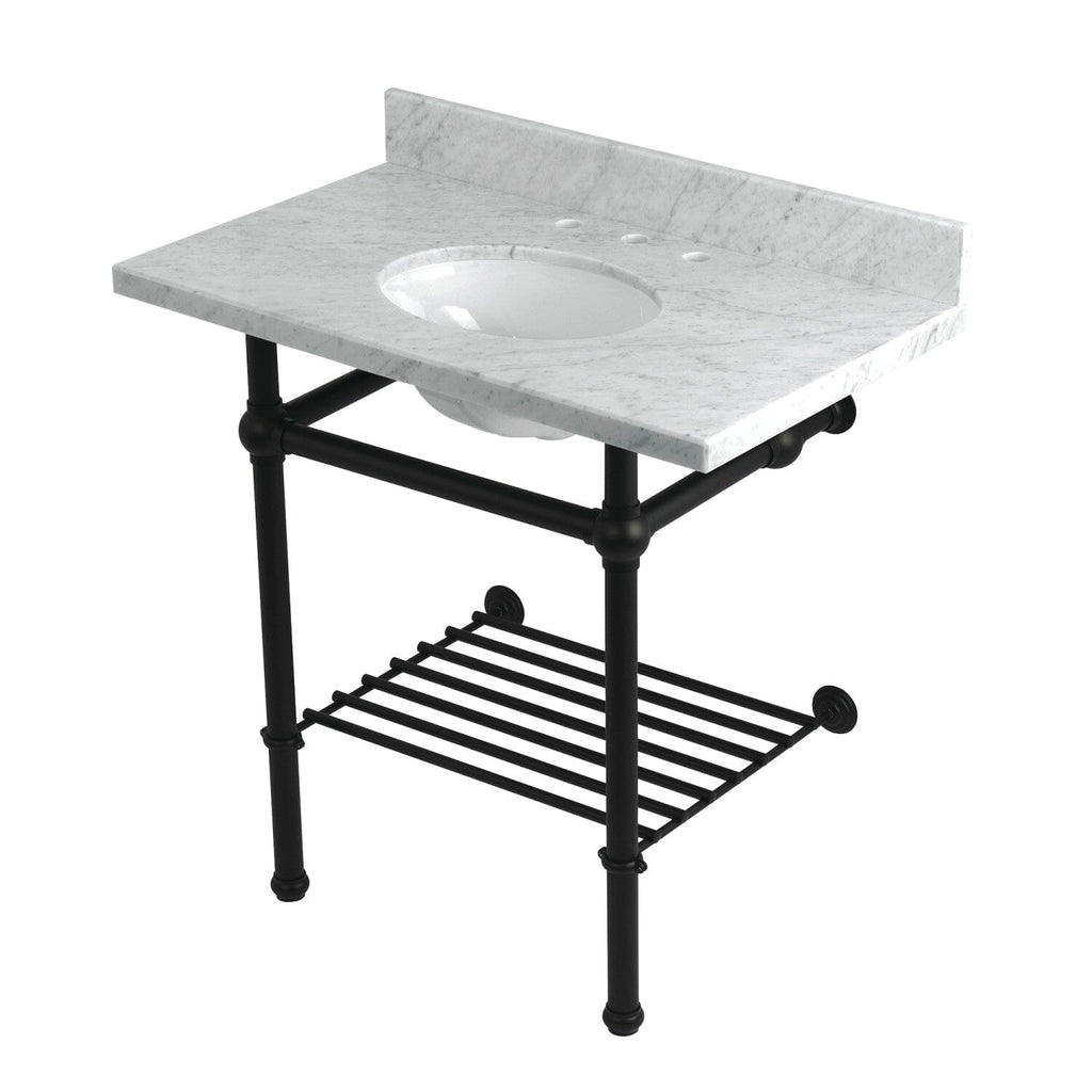 Templeton 36-Inch Carrara Marble Console Sink with Brass Legs and Shelf (8-Inch, 3-Hole)