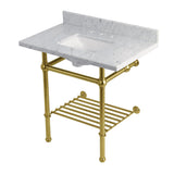 Templeton 36-Inch Carrara Marble Console Sink with Brass Legs and Shelf (8-Inch, 3-Hole)