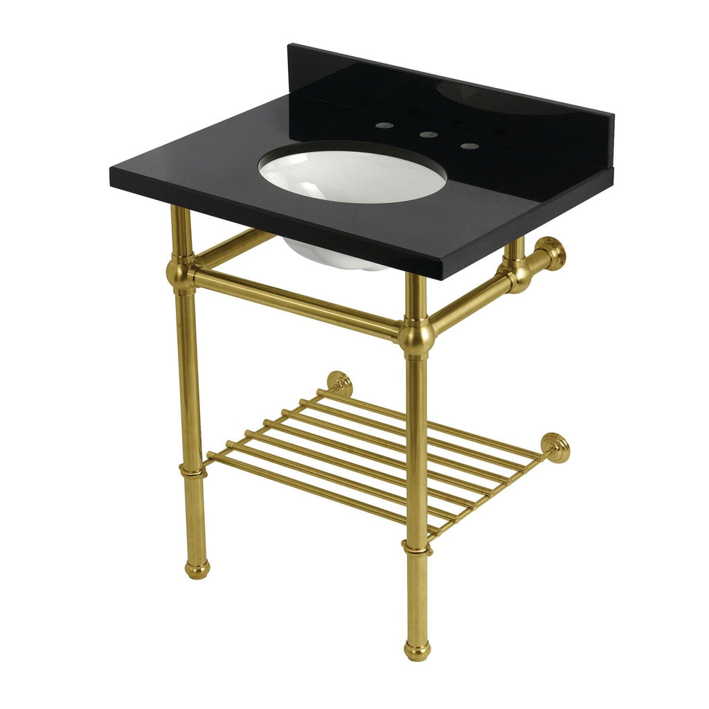 Templeton 30-Inch Black Granite Console Sink with Brass Legs and Shelf (8-Inch, 3-Hole)
