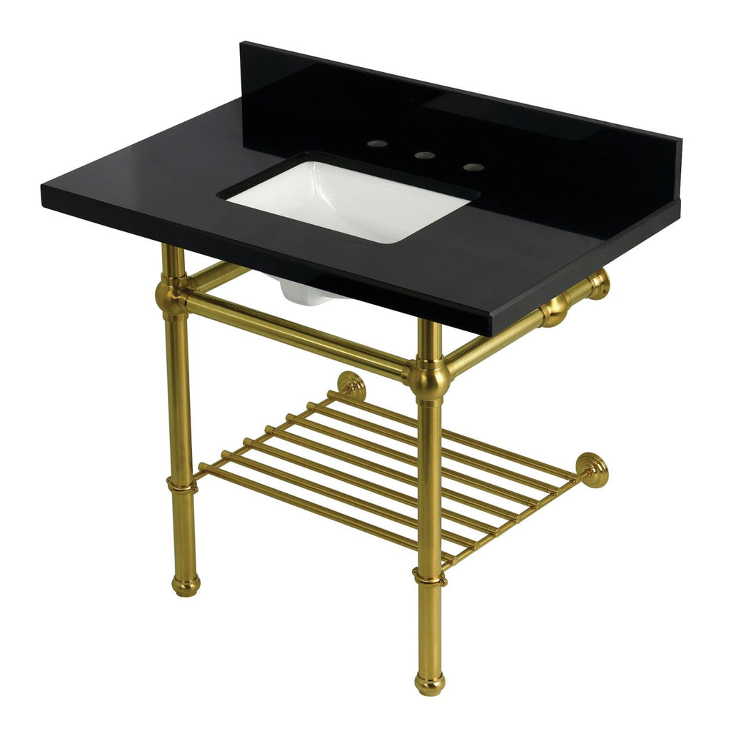 Templeton 36-Inch Black Granite Console Sink with Brass Legs and Shelf (8-Inch, 3-Hole)
