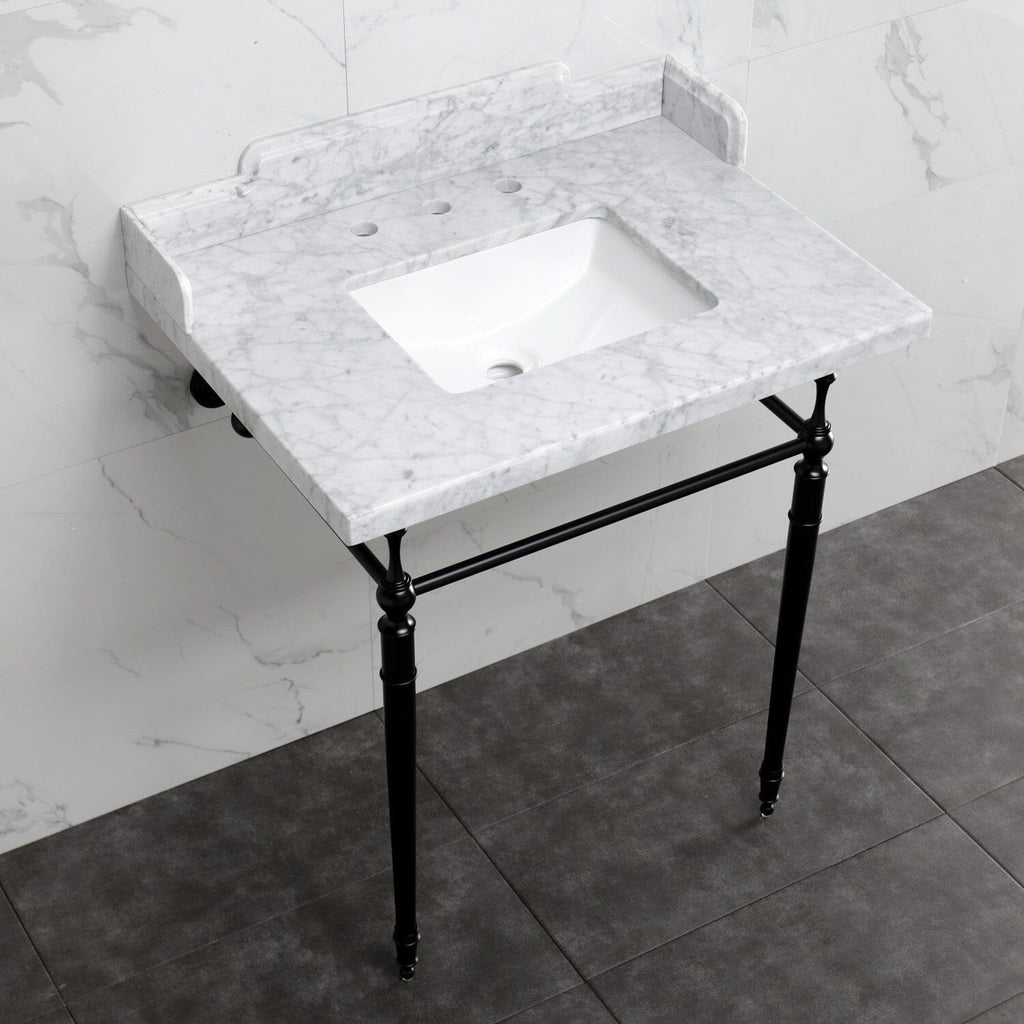 Habsburg 30-Inch Carrara Marble Console Sink with Brass Legs (8-Inch, 3-Hole)