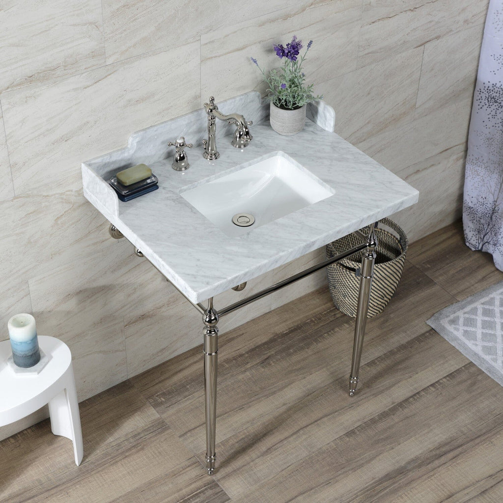 Habsburg 30-Inch Carrara Marble Console Sink with Brass Legs (8-Inch, 3-Hole)