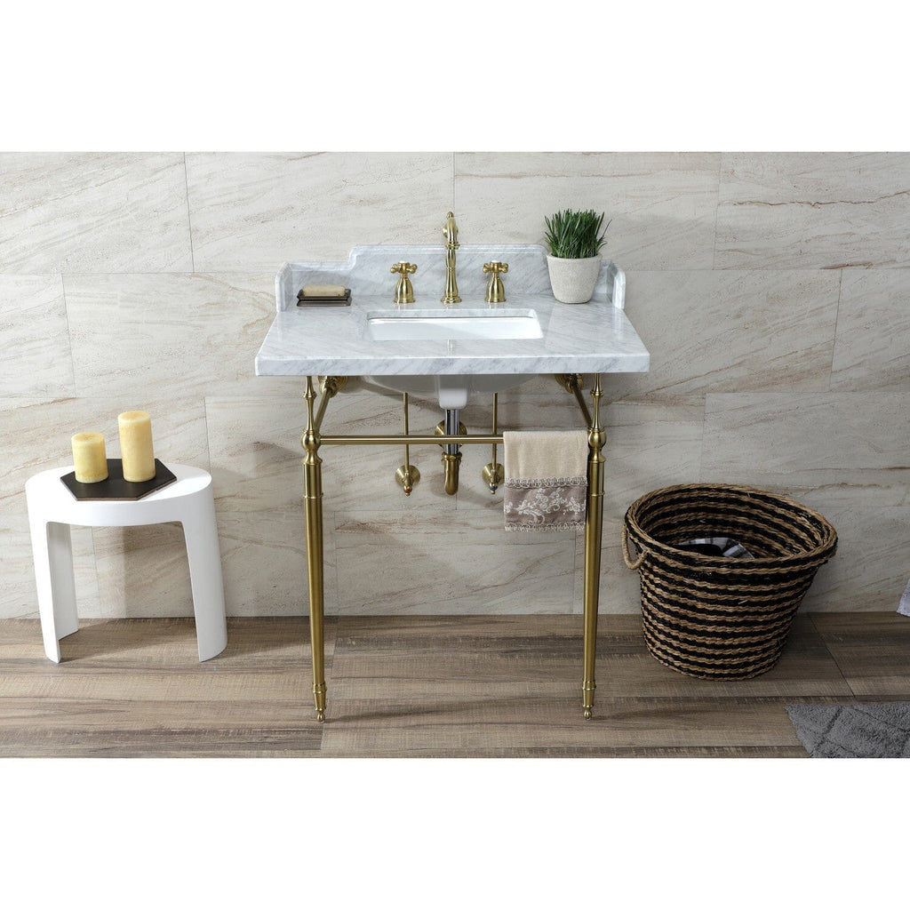 Habsburg 30-Inch Carrara Marble Console Sink with Brass Legs (8-Inch, 3-Hole)