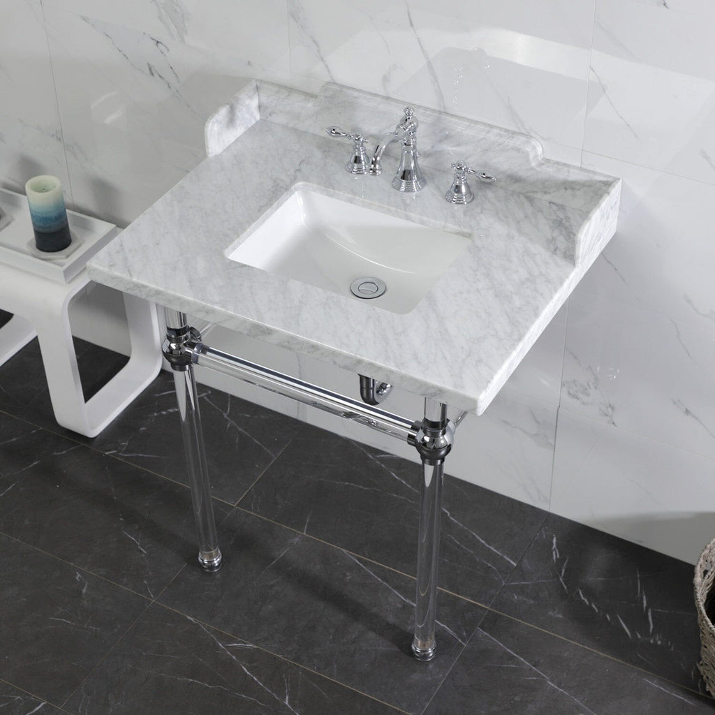 Pemberton 30-Inch Carrara Marble Console Sink with Acrylic Legs (8-Inch, 3-Hole)