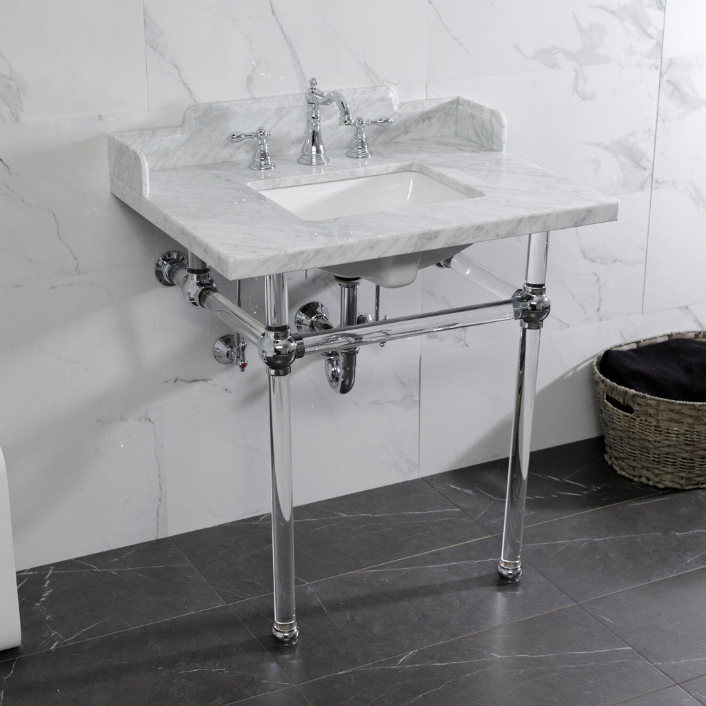Pemberton 30-Inch Carrara Marble Console Sink with Acrylic Legs (8-Inch, 3-Hole)