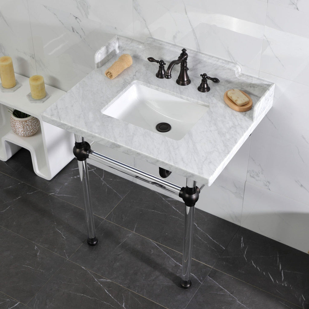 Pemberton 30-Inch Carrara Marble Console Sink with Acrylic Legs (8-Inch, 3-Hole)