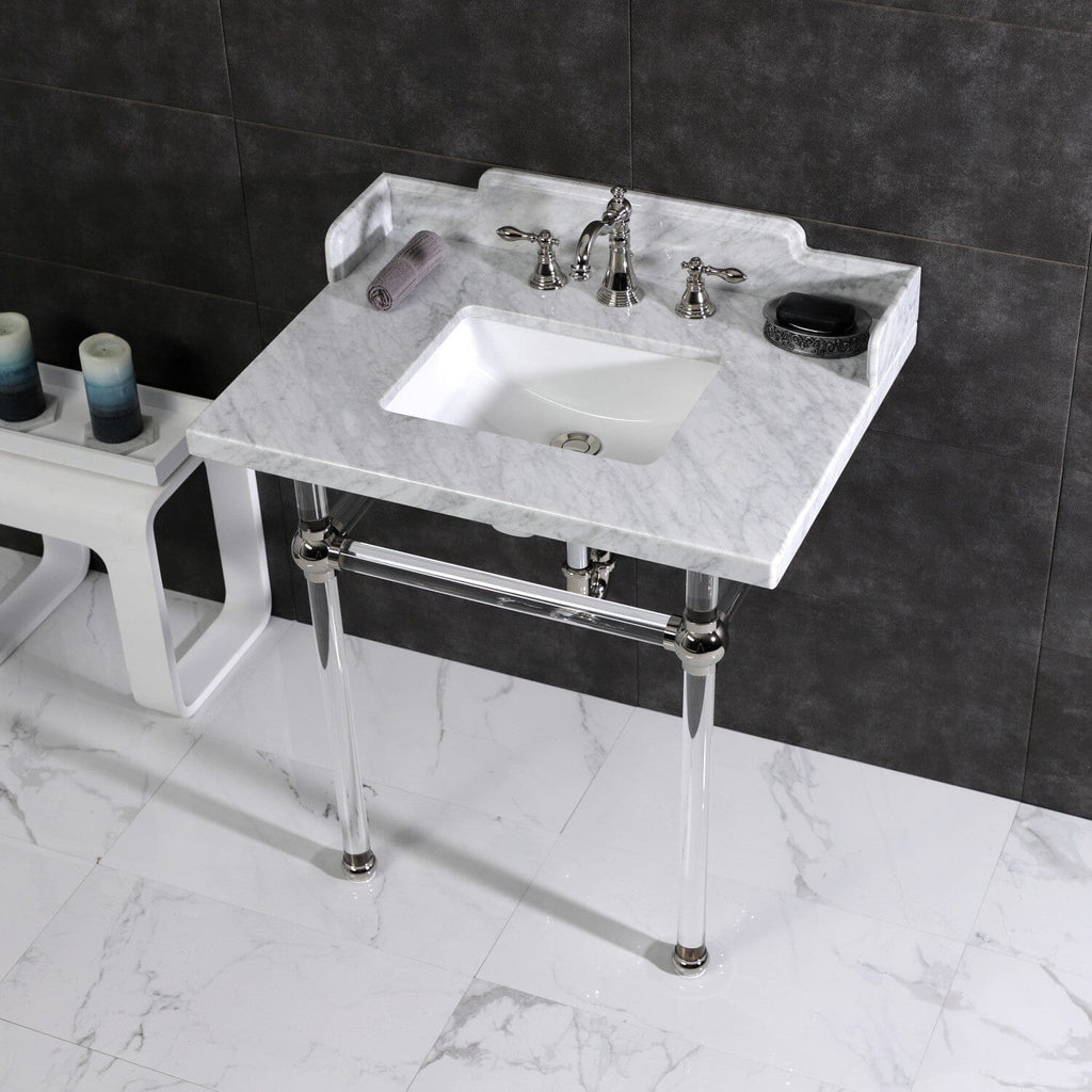 Pemberton 30-Inch Carrara Marble Console Sink with Acrylic Legs (8-Inch, 3-Hole)