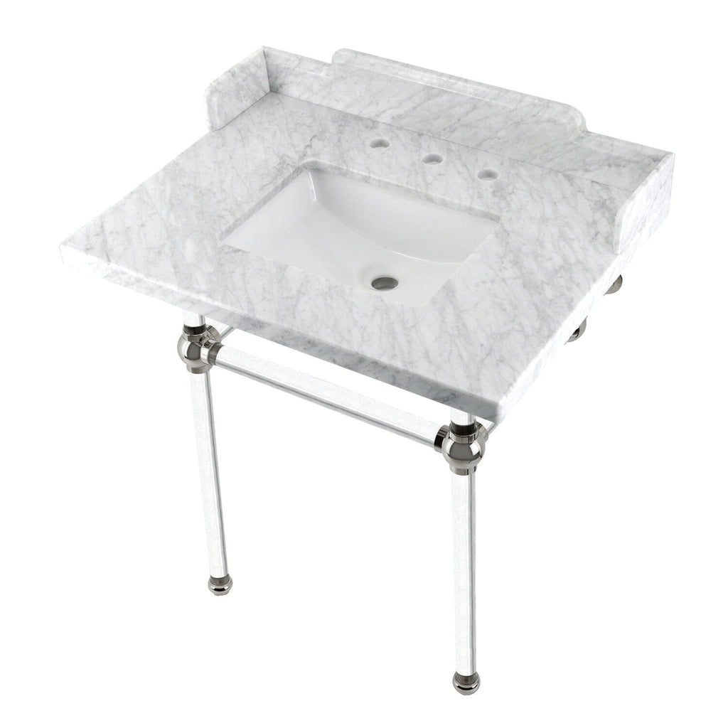 Pemberton 30-Inch Carrara Marble Console Sink with Acrylic Legs (8-Inch, 3-Hole)