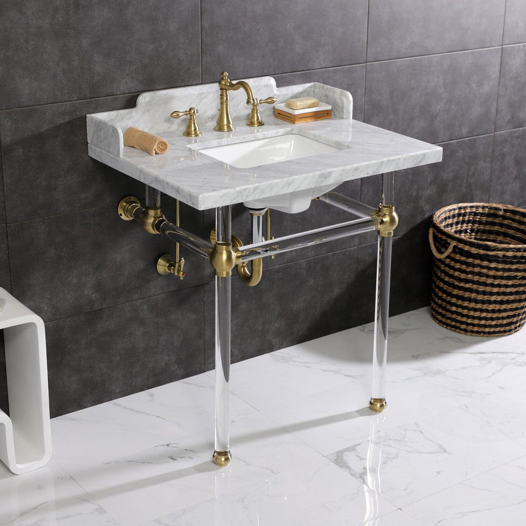 Pemberton 30-Inch Carrara Marble Console Sink with Acrylic Legs (8-Inch, 3-Hole)
