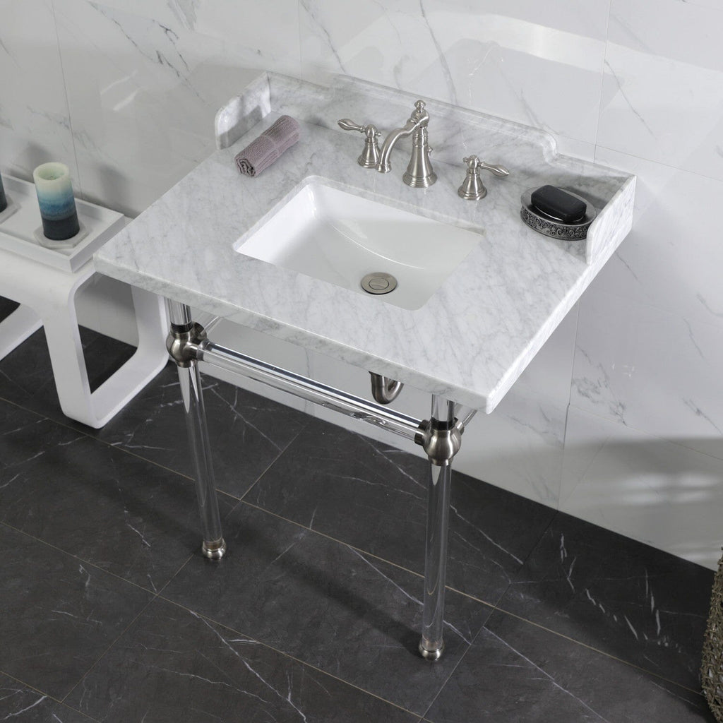 Pemberton 30-Inch Carrara Marble Console Sink with Acrylic Legs (8-Inch, 3-Hole)