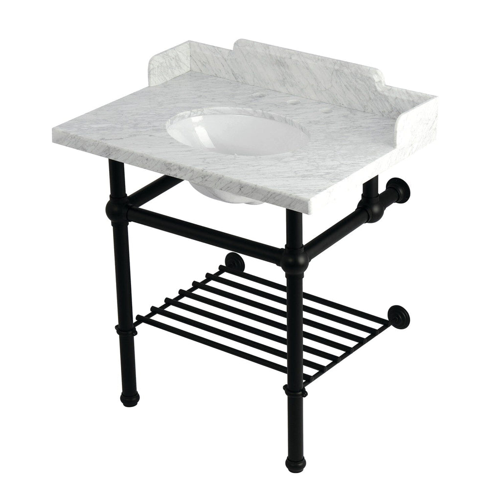 Pemberton 30-Inch Carrara Marble Console Sink with Brass Legs and Shelf (8-Inch, 3-Hole)