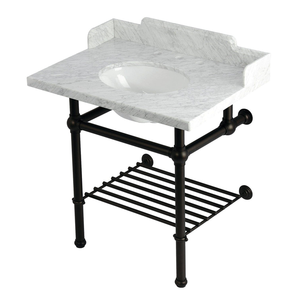 Pemberton 30-Inch Carrara Marble Console Sink with Brass Legs and Shelf (8-Inch, 3-Hole)