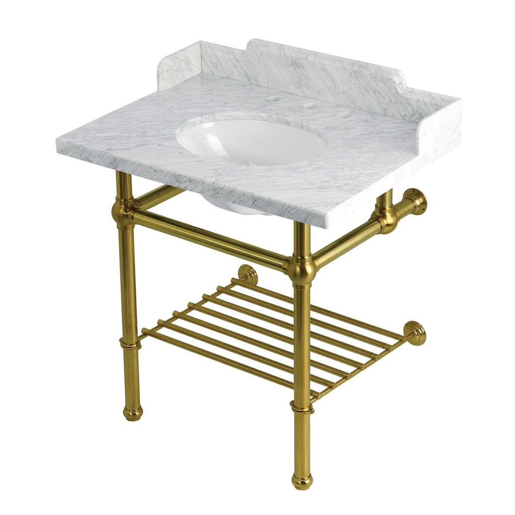 Pemberton 30-Inch Carrara Marble Console Sink with Brass Legs and Shelf (8-Inch, 3-Hole)