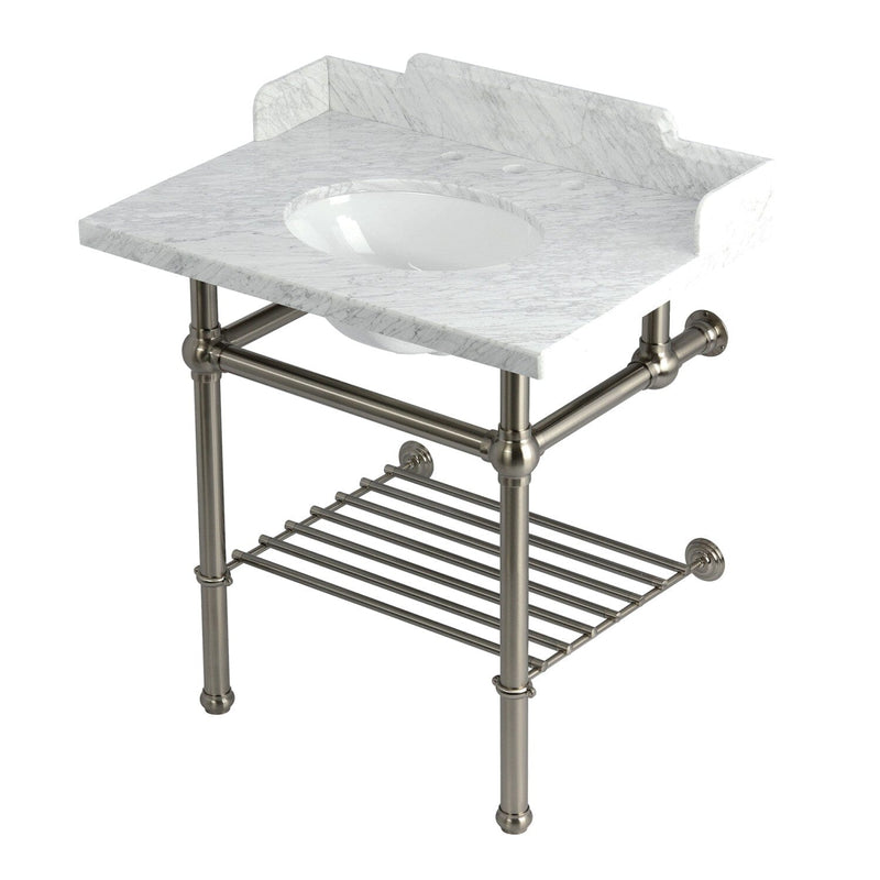 Pemberton 30-Inch Carrara Marble Console Sink with Brass Legs and Shelf (8-Inch, 3-Hole)