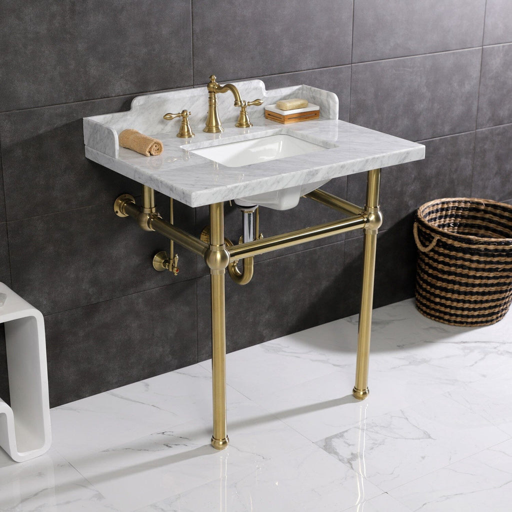 Pemberton 30-Inch Carrara Marble Console Sink with Brass Legs (8-Inch, 3-Hole)