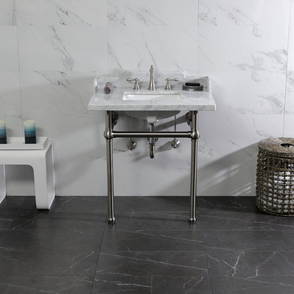 Pemberton 30-Inch Carrara Marble Console Sink with Brass Legs (8-Inch, 3-Hole)