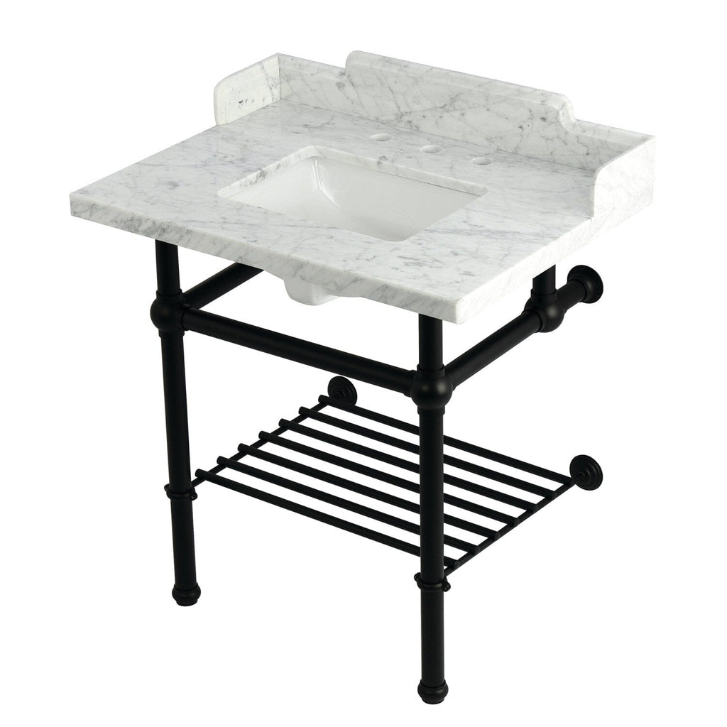 Pemberton 30-Inch Carrara Marble Console Sink with Brass Legs and Shelf (8-Inch, 3-Hole)