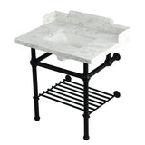 Pemberton 30-Inch Carrara Marble Console Sink with Brass Legs and Shelf (8-Inch, 3-Hole)
