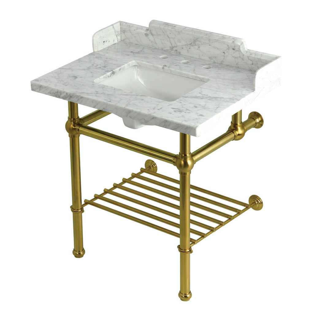 Pemberton 30-Inch Carrara Marble Console Sink with Brass Legs and Shelf (8-Inch, 3-Hole)