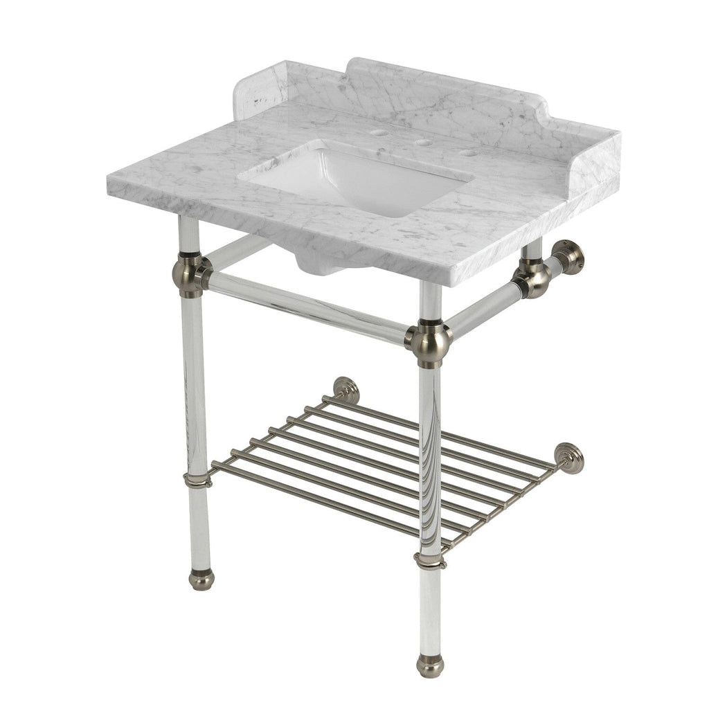 Pemberton 30-Inch Carrara Marble Console Sink with Acrylic Legs and Shelf (8-Inch, 3-Hole)