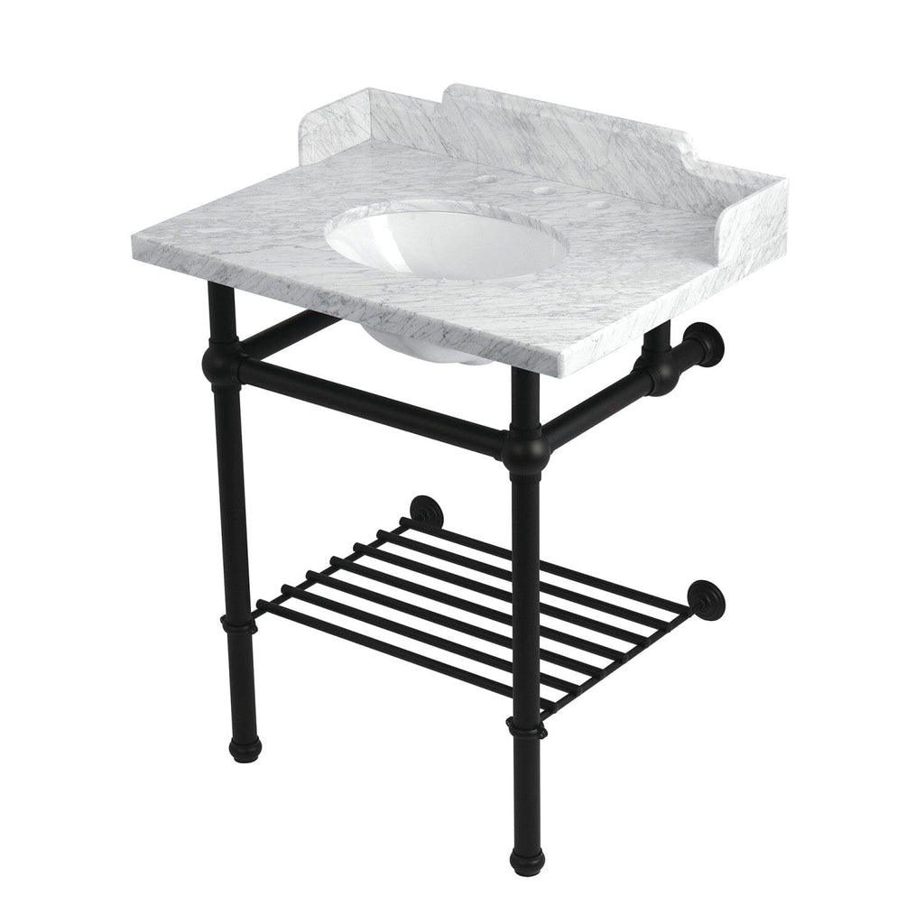 Pemberton 30-Inch Carrara Marble Console Sink with Brass Legs and Shelf (8-Inch, 3-Hole)
