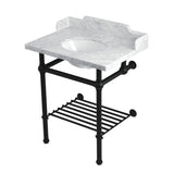 Pemberton 30-Inch Carrara Marble Console Sink with Brass Legs and Shelf (8-Inch, 3-Hole)