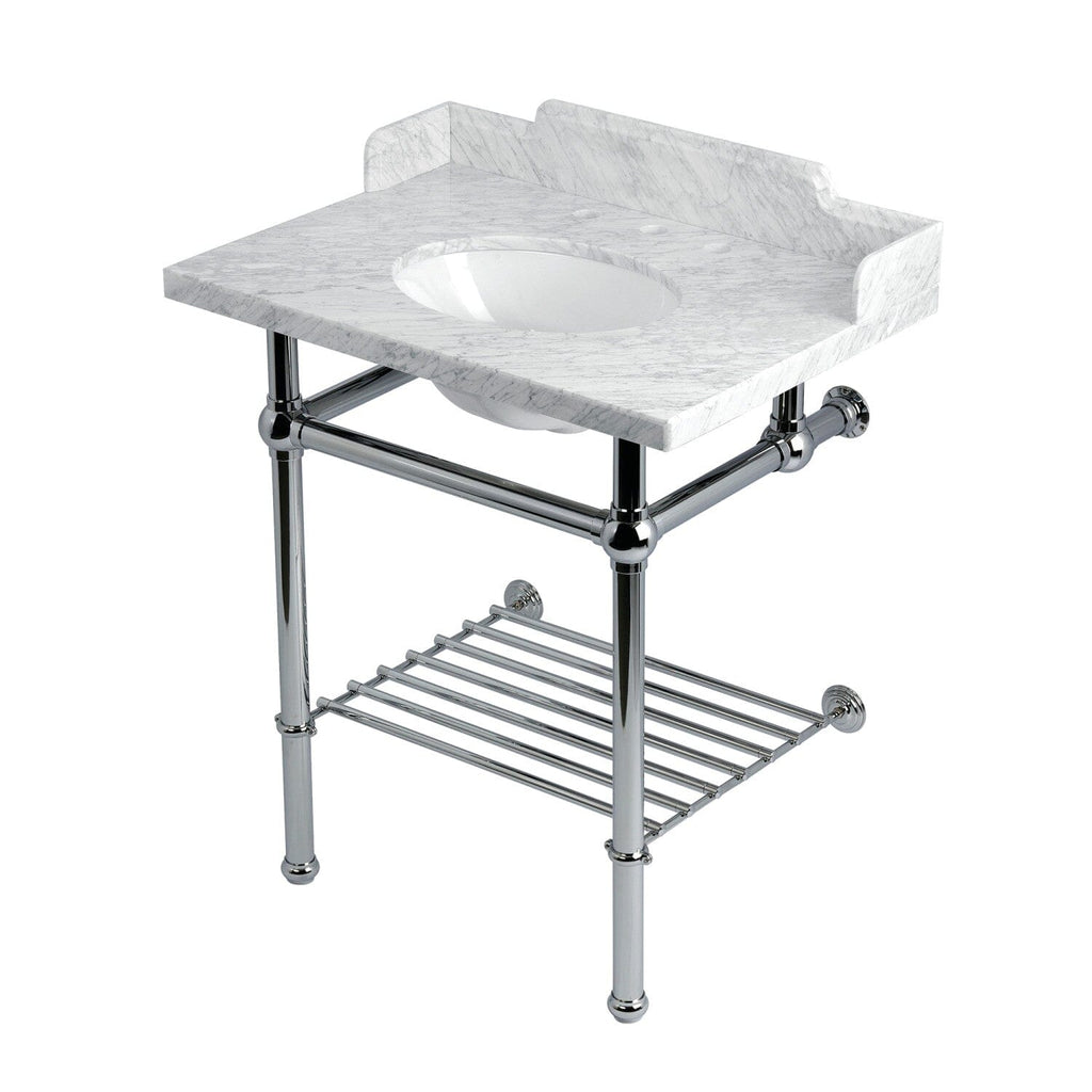 Pemberton 30-Inch Carrara Marble Console Sink with Brass Legs and Shelf (8-Inch, 3-Hole)