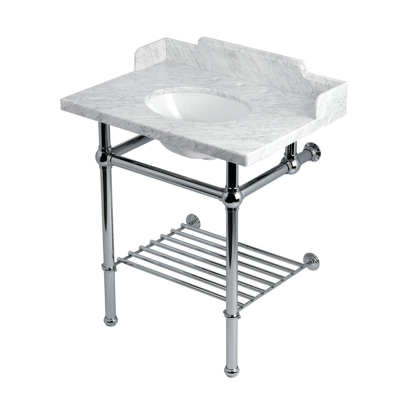 Pemberton 30-Inch Carrara Marble Console Sink with Brass Legs and Shelf (8-Inch, 3-Hole)