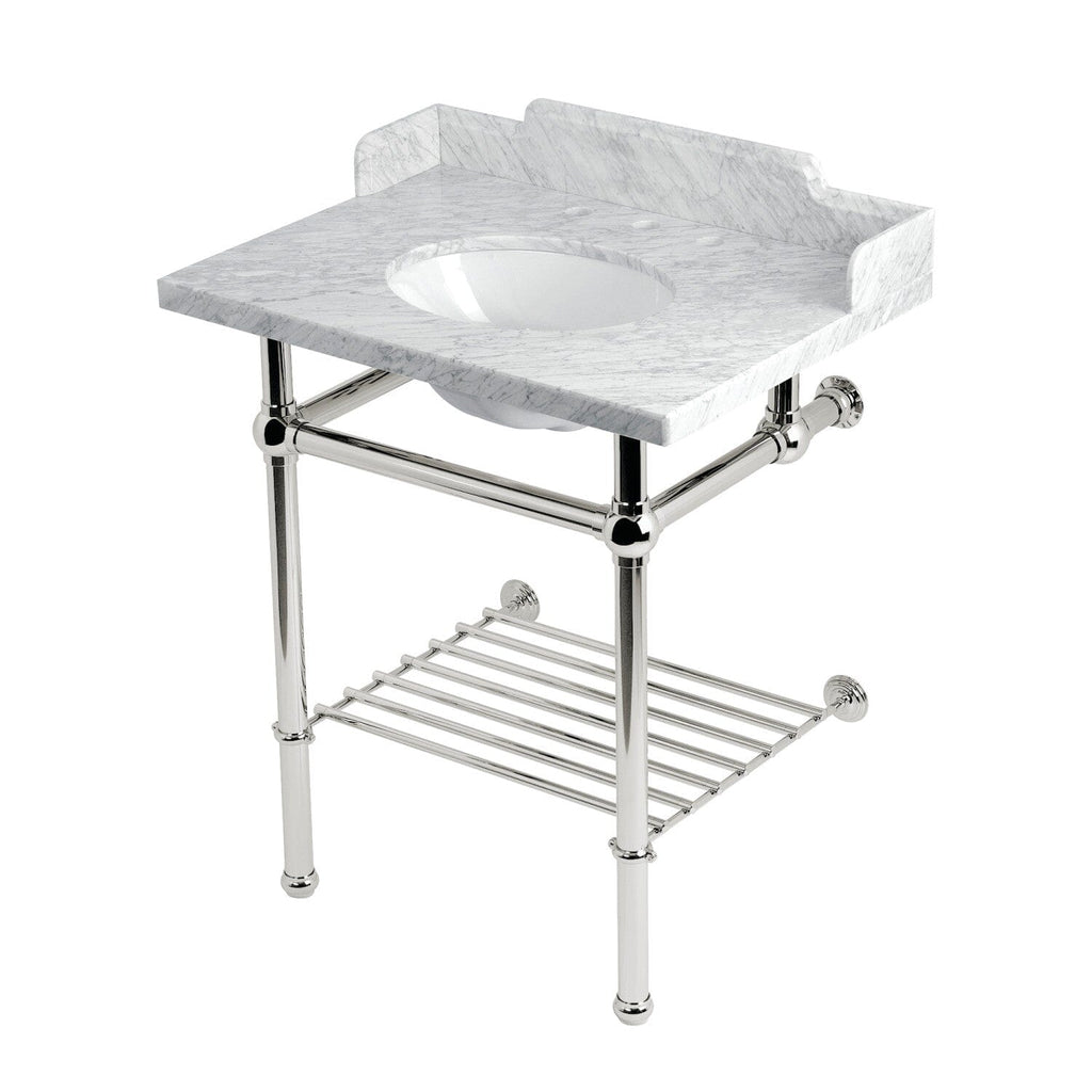 Pemberton 30-Inch Carrara Marble Console Sink with Brass Legs and Shelf (8-Inch, 3-Hole)