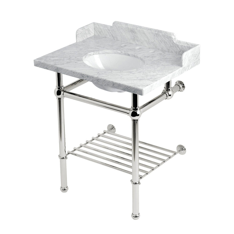 Pemberton 30-Inch Carrara Marble Console Sink with Brass Legs and Shelf (8-Inch, 3-Hole)