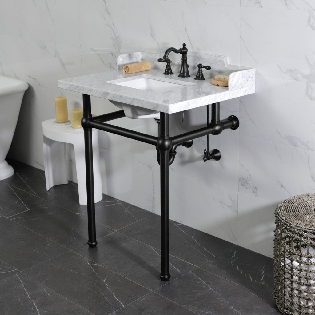 Pemberton 30-Inch Carrara Marble Console Sink with Brass Legs (8-Inch, 3-Hole)