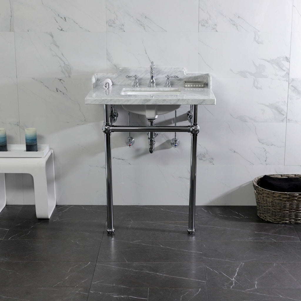 Pemberton 30-Inch Carrara Marble Console Sink with Brass Legs (8-Inch, 3-Hole)