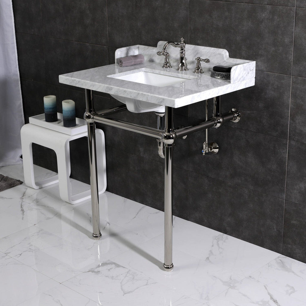 Pemberton 30-Inch Carrara Marble Console Sink with Brass Legs (8-Inch, 3-Hole)