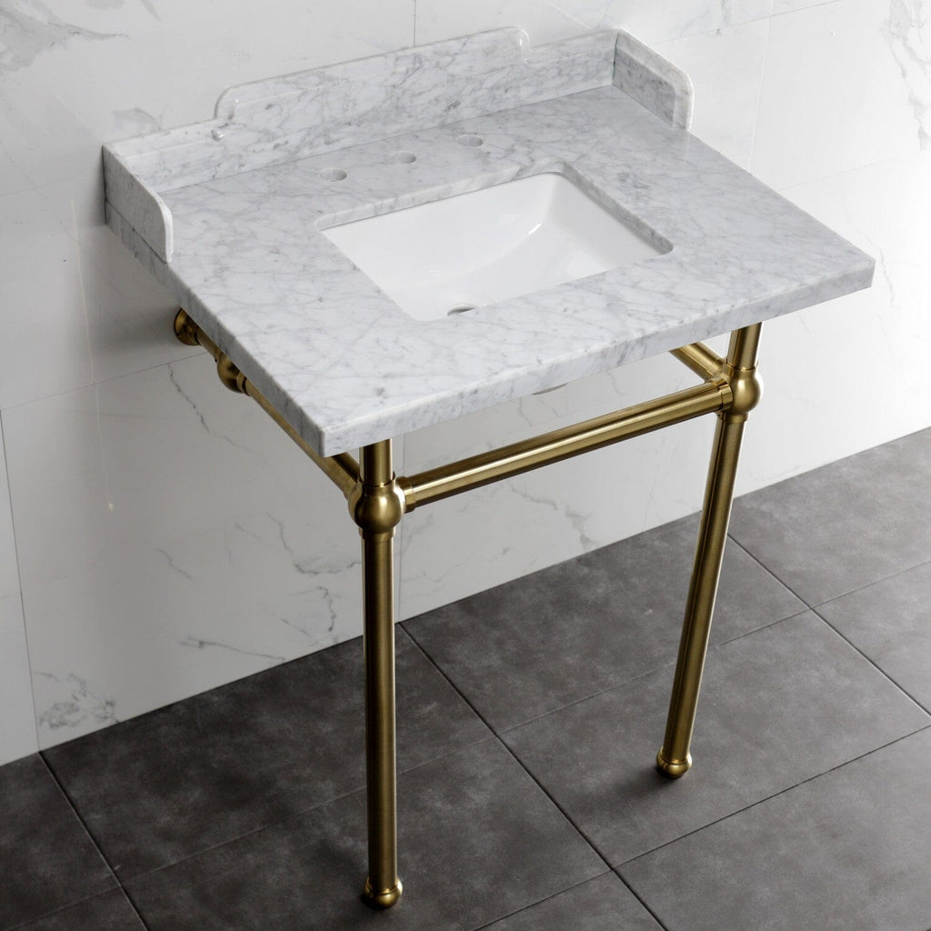 Pemberton 30-Inch Carrara Marble Console Sink with Brass Legs (8-Inch, 3-Hole)