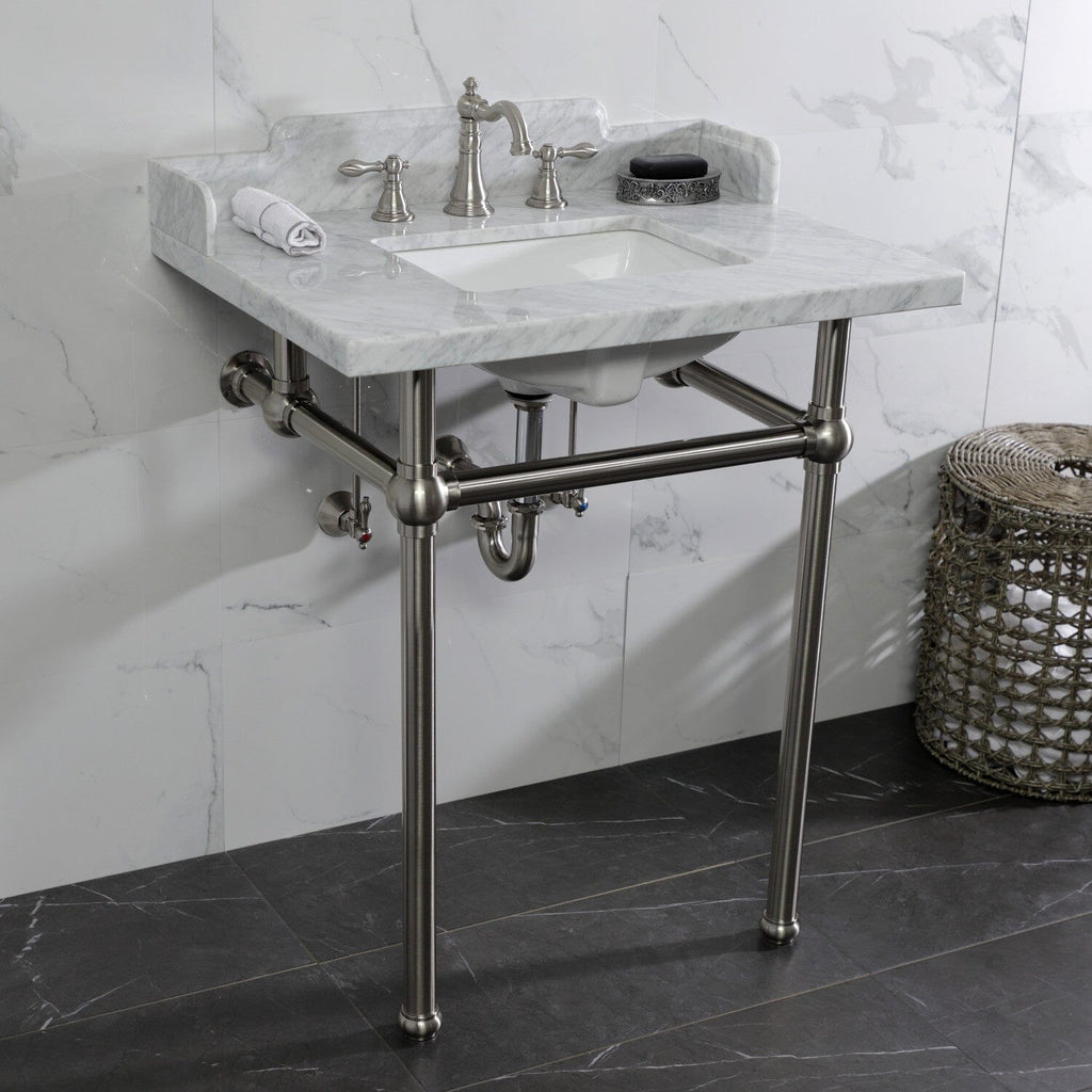 Pemberton 30-Inch Carrara Marble Console Sink with Brass Legs (8-Inch, 3-Hole)