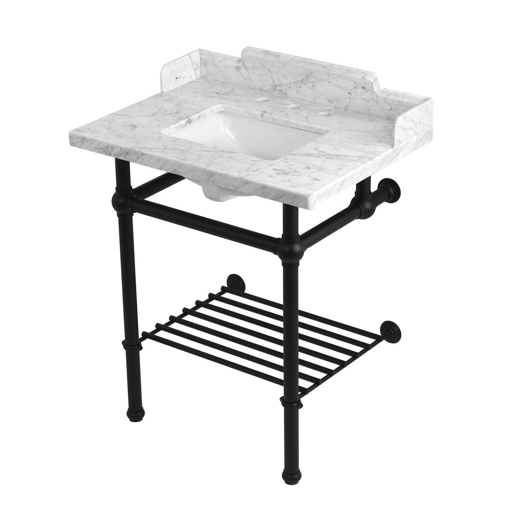 Pemberton 30-Inch Carrara Marble Console Sink with Brass Legs and Shelf (8-Inch, 3-Hole)