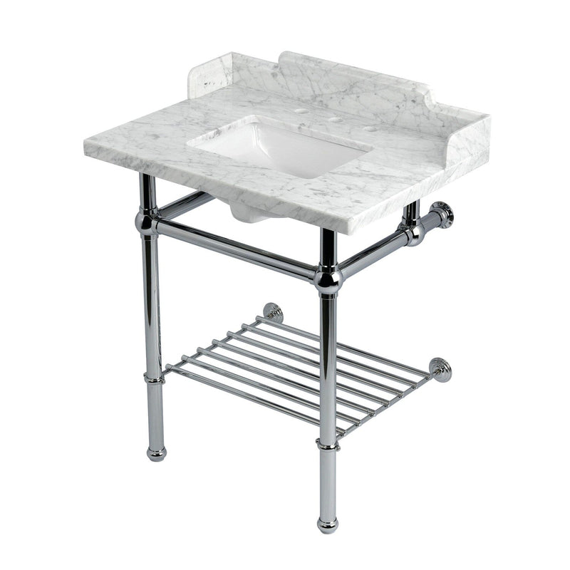 Pemberton 30-Inch Carrara Marble Console Sink with Brass Legs and Shelf (8-Inch, 3-Hole)