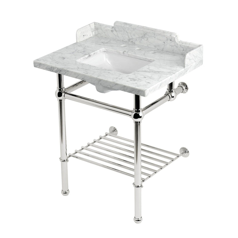 Pemberton 30-Inch Carrara Marble Console Sink with Brass Legs and Shelf (8-Inch, 3-Hole)