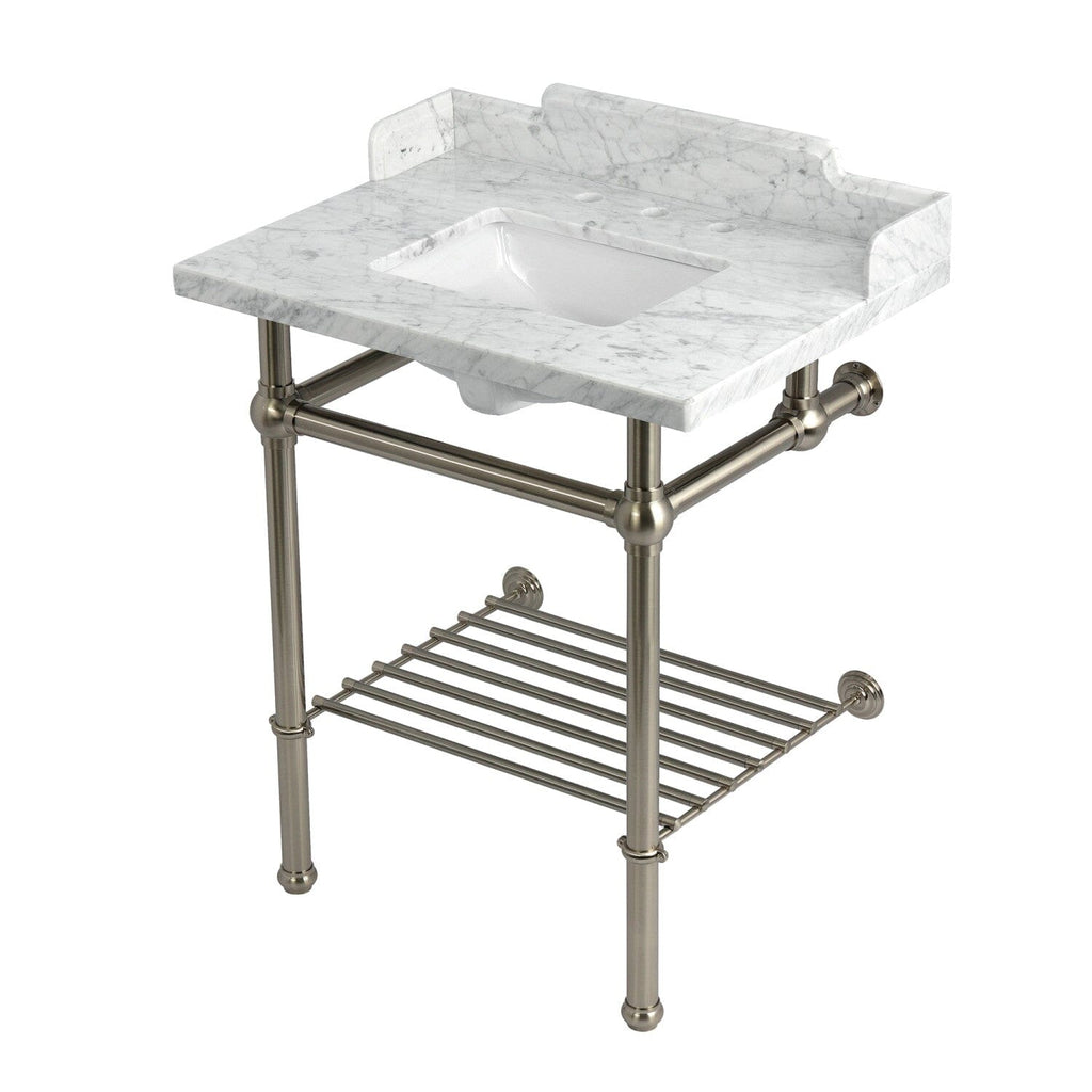 Pemberton 30-Inch Carrara Marble Console Sink with Brass Legs and Shelf (8-Inch, 3-Hole)
