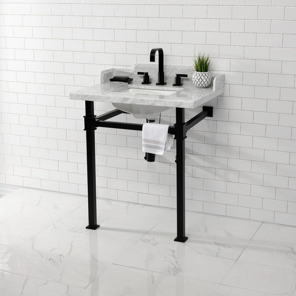 Viceroy 30-Inch Carrara Marble Console Sink with Stainless Steel Legs (8-Inch, 3-Hole)