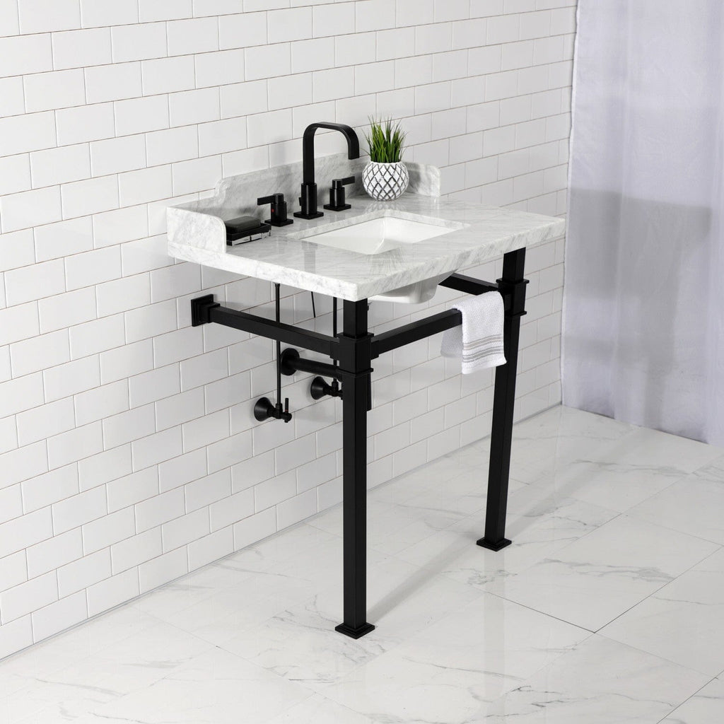 Viceroy 30-Inch Carrara Marble Console Sink with Stainless Steel Legs (8-Inch, 3-Hole)