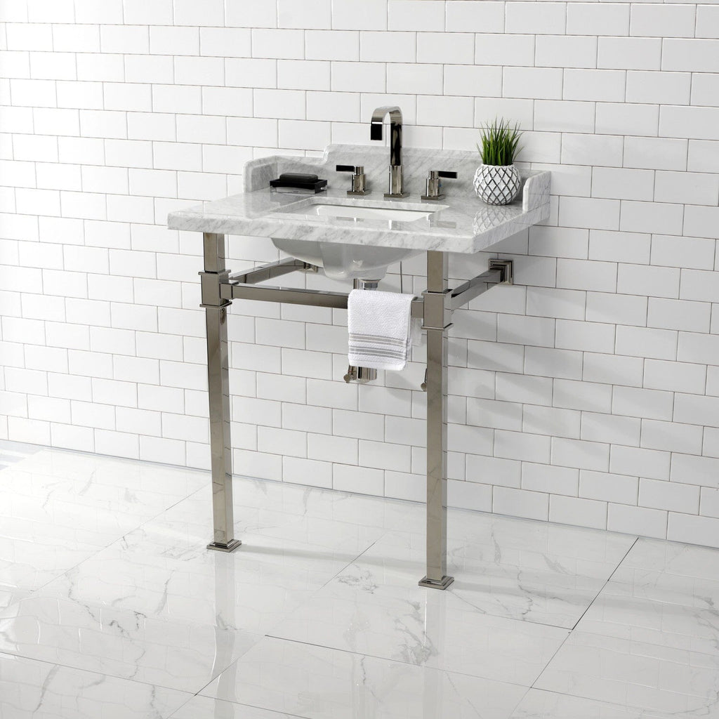 Viceroy 30-Inch Carrara Marble Console Sink with Stainless Steel Legs (8-Inch, 3-Hole)