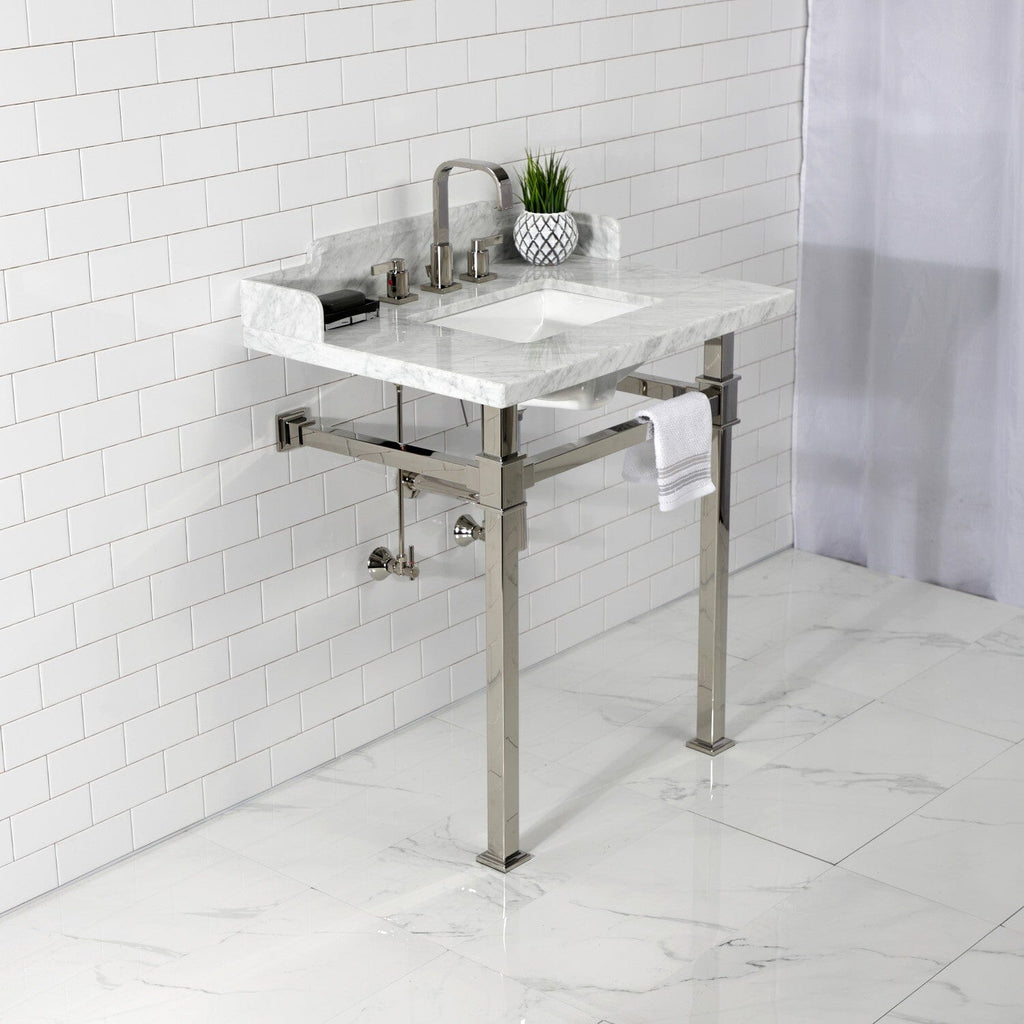 Viceroy 30-Inch Carrara Marble Console Sink with Stainless Steel Legs (8-Inch, 3-Hole)