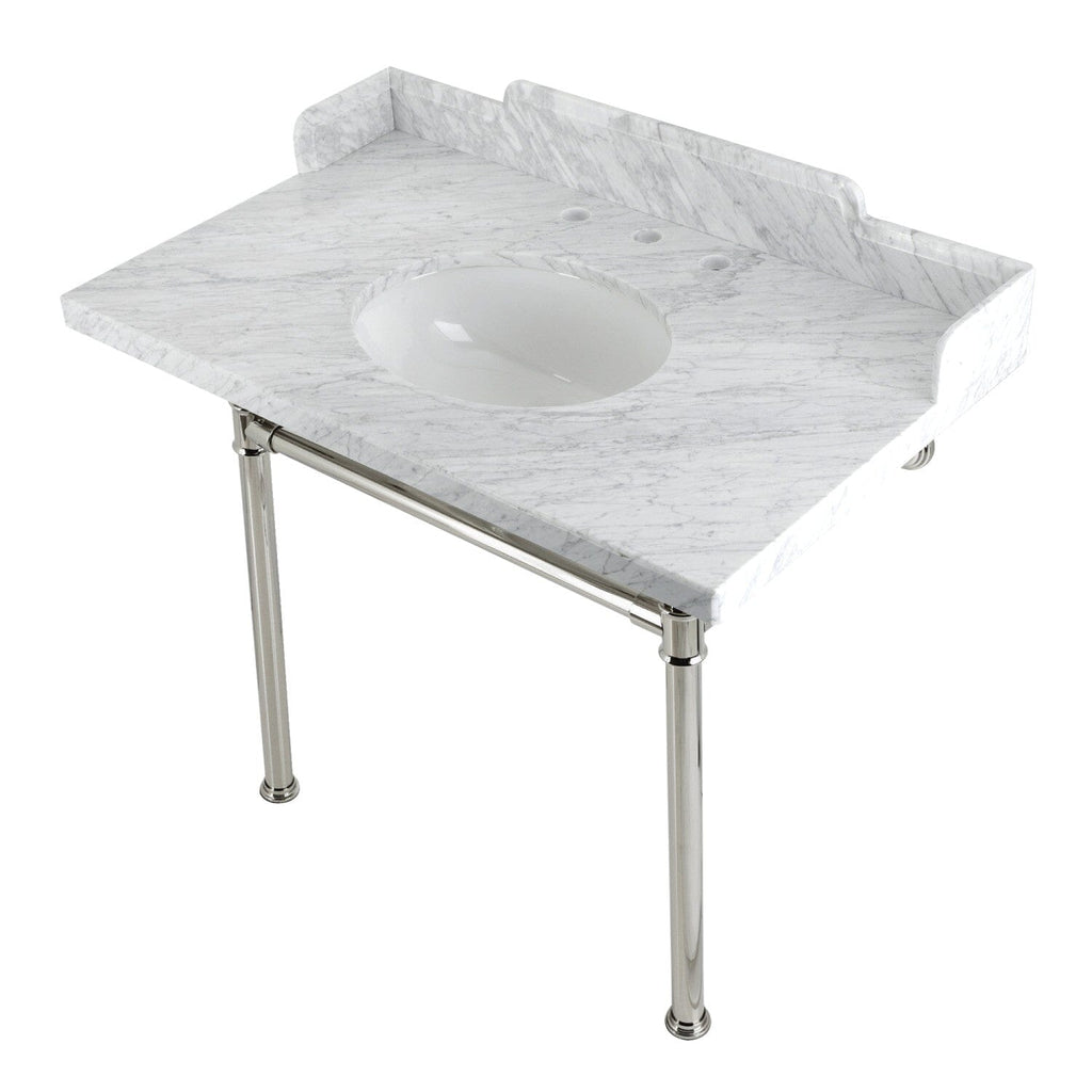 Wesselman 36-Inch Carrara Marble Console Sink with Stainless Steel Legs (8-Inch, 3-Hole)