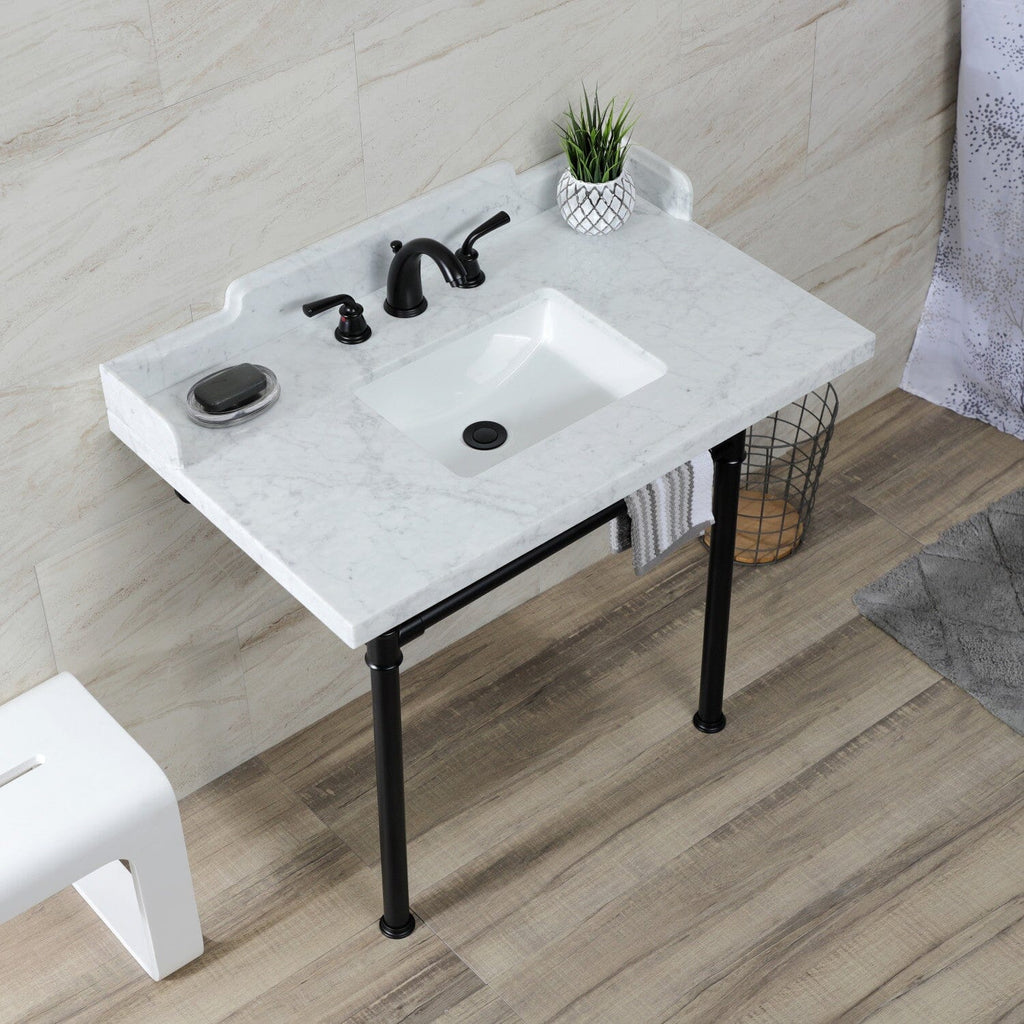 Wesselman 36-Inch Carrara Marble Console Sink with Stainless Steel Legs (8-Inch, 3-Hole)
