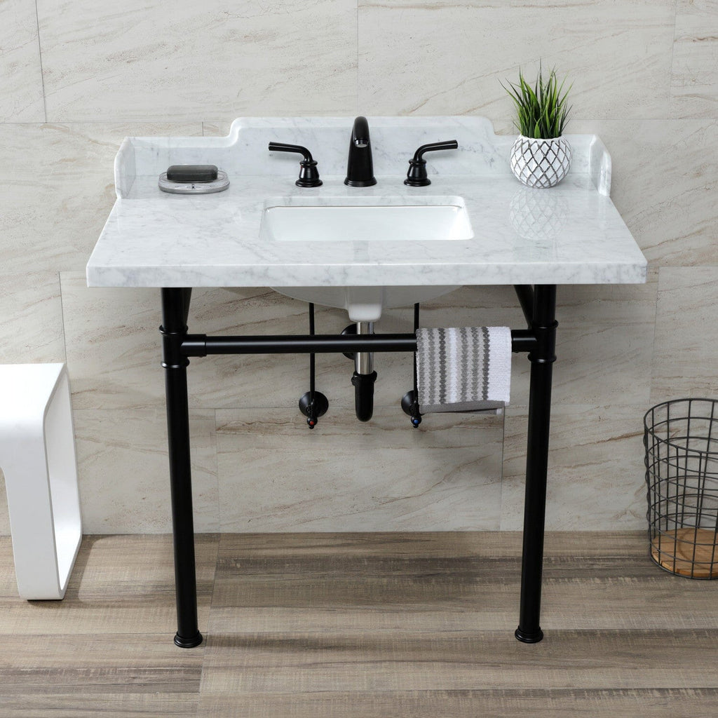 Wesselman 36-Inch Carrara Marble Console Sink with Stainless Steel Legs (8-Inch, 3-Hole)