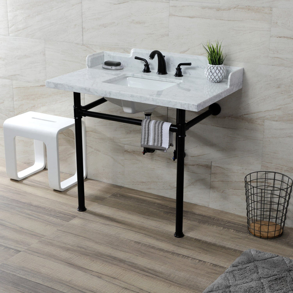 Wesselman 36-Inch Carrara Marble Console Sink with Stainless Steel Legs (8-Inch, 3-Hole)