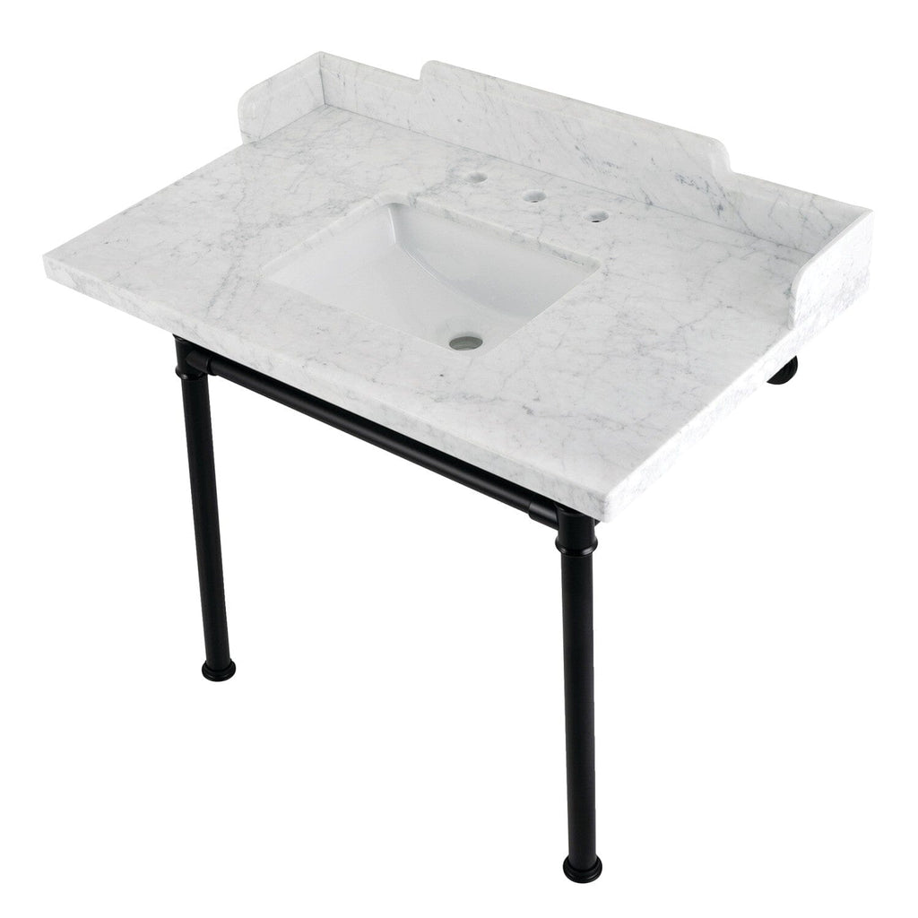 Wesselman 36-Inch Carrara Marble Console Sink with Stainless Steel Legs (8-Inch, 3-Hole)