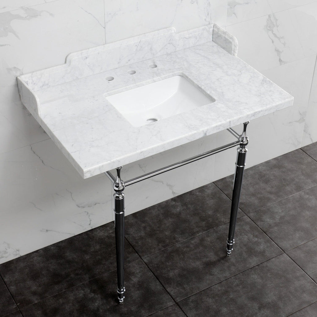 Habsburg 36-Inch Carrara Marble Console Sink with Brass Legs (8-Inch, 3-Hole)